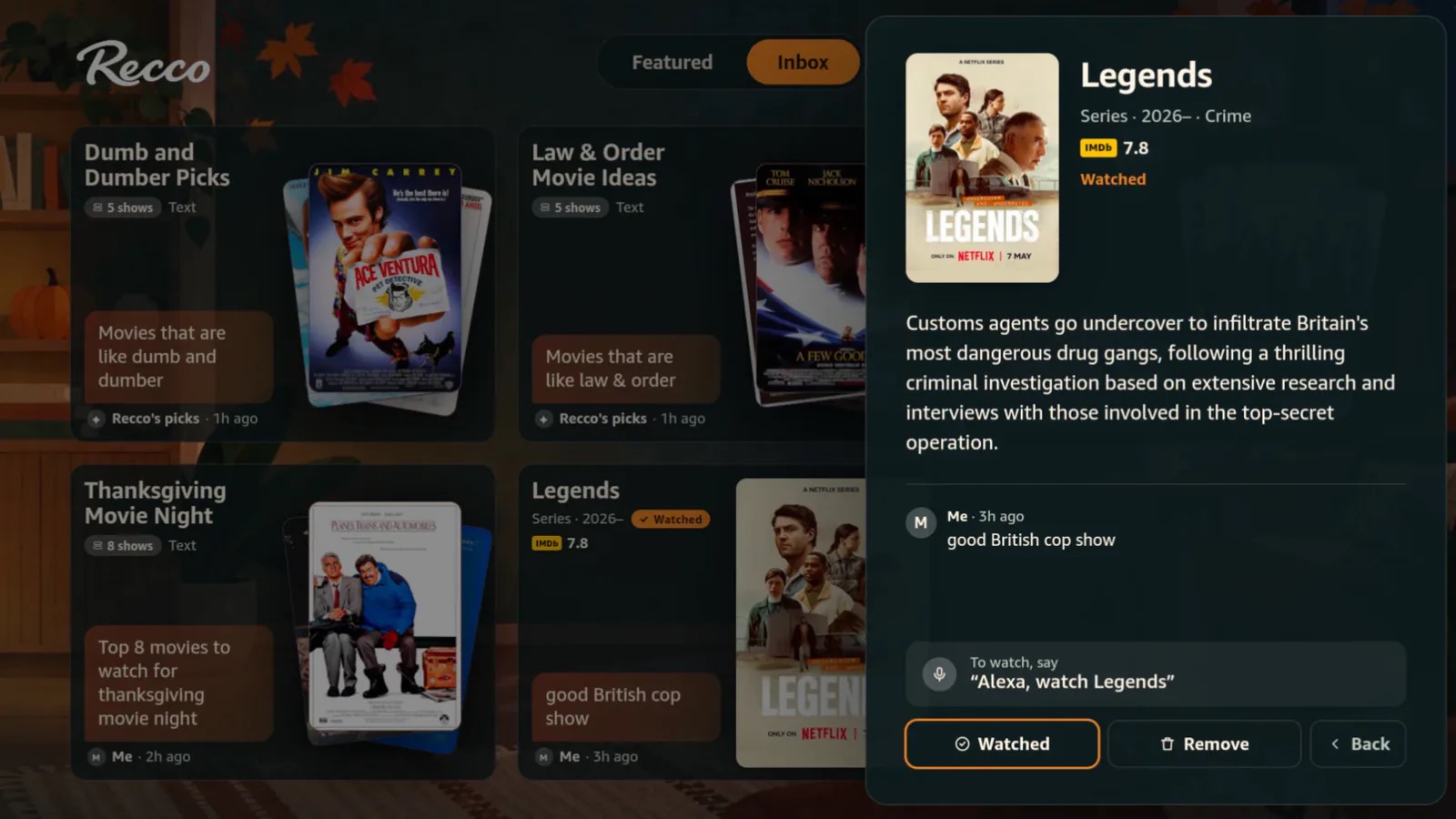 Detail drawer: synopsis, who sent it, the Alexa line, Watched and Remove